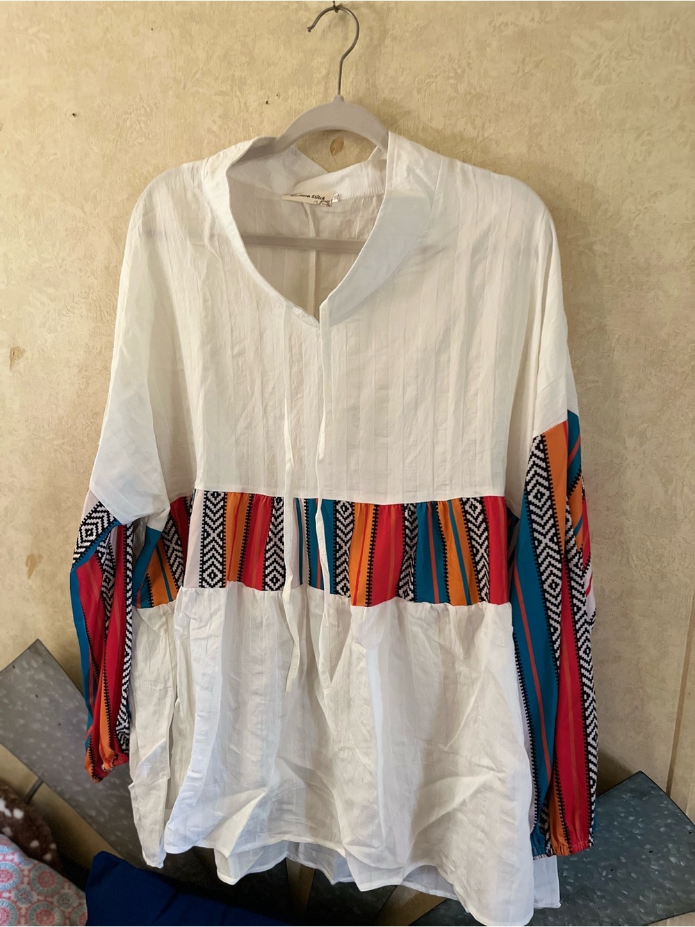 Southern Stitch Boho Embroidered Panel White Peasant Top